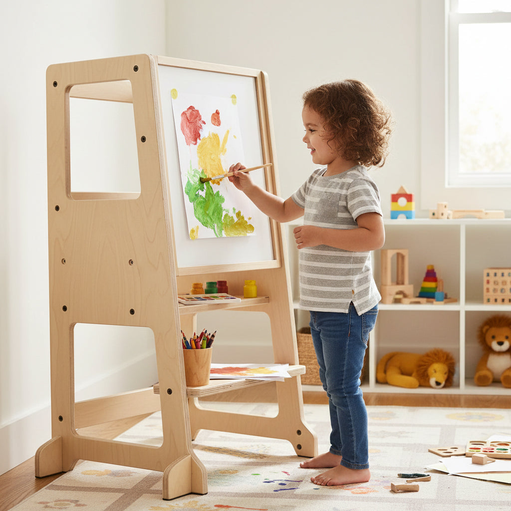 July Forest adjustable learning tower as art easel, kids drawing board for creative play.