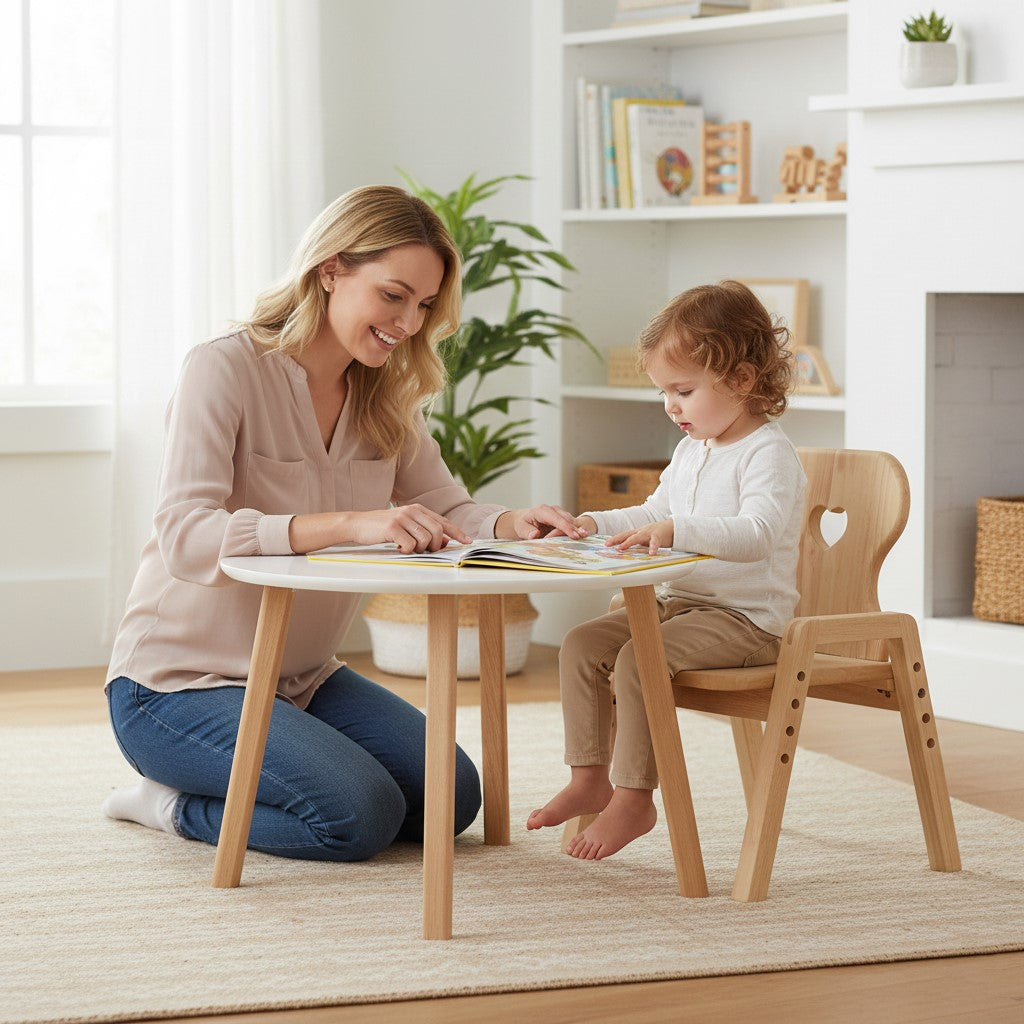Mother and child using adjustable solid wood kids chair in reading corner