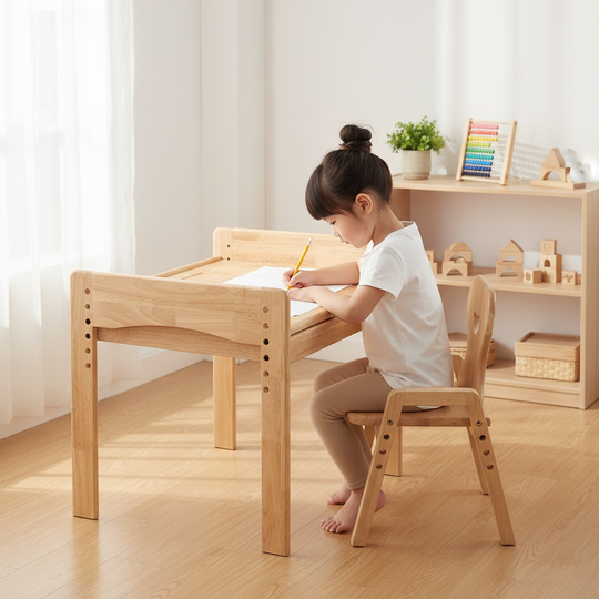 July Forest adjustable kids desk and chair set, American girl studying in children's room.