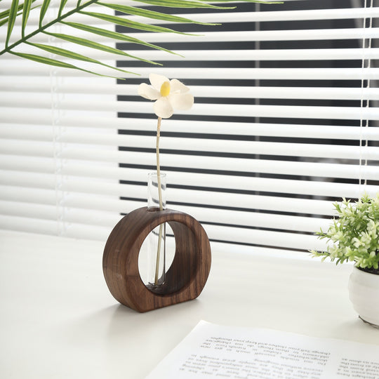 July Forest wooden ring test tube vase with plant, modern living room desk decor.