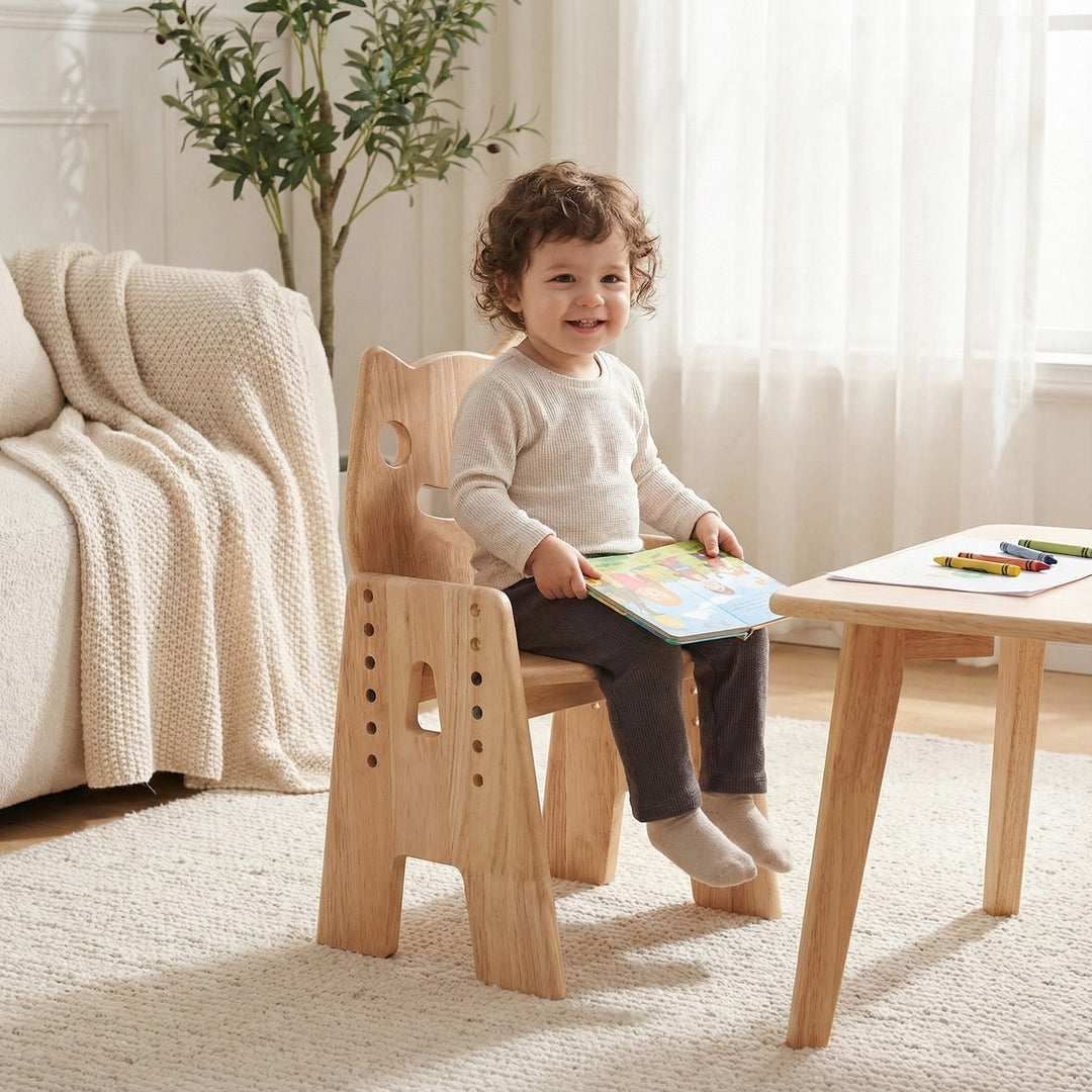 July Forest adjustable solid wood kids chair with cute cat face cutout backrest. Natural rubberwood Montessori seating for toddlers and playrooms.