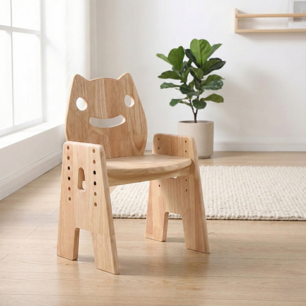 July Forest adjustable solid wood kids chair with cute cat face cutout backrest. Natural rubberwood Montessori seating for toddlers and playrooms.