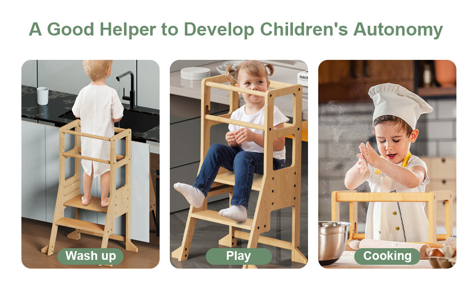 July Forest Montessori tower designed to help toddlers in the kitchen, featuring a built-in chalkboard art easel.