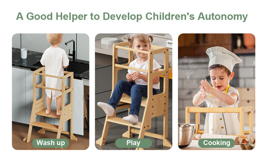 July Forest Montessori tower designed to help toddlers in the kitchen, featuring a built-in chalkboard art easel.