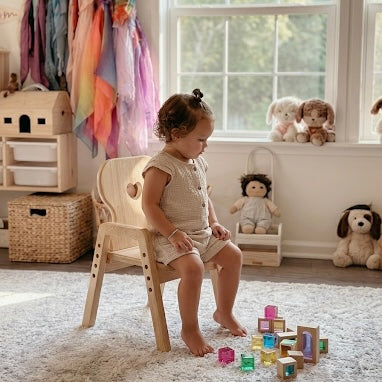 Wooden kids chair with heart backrest for reading, snacks, crafts, and home learning