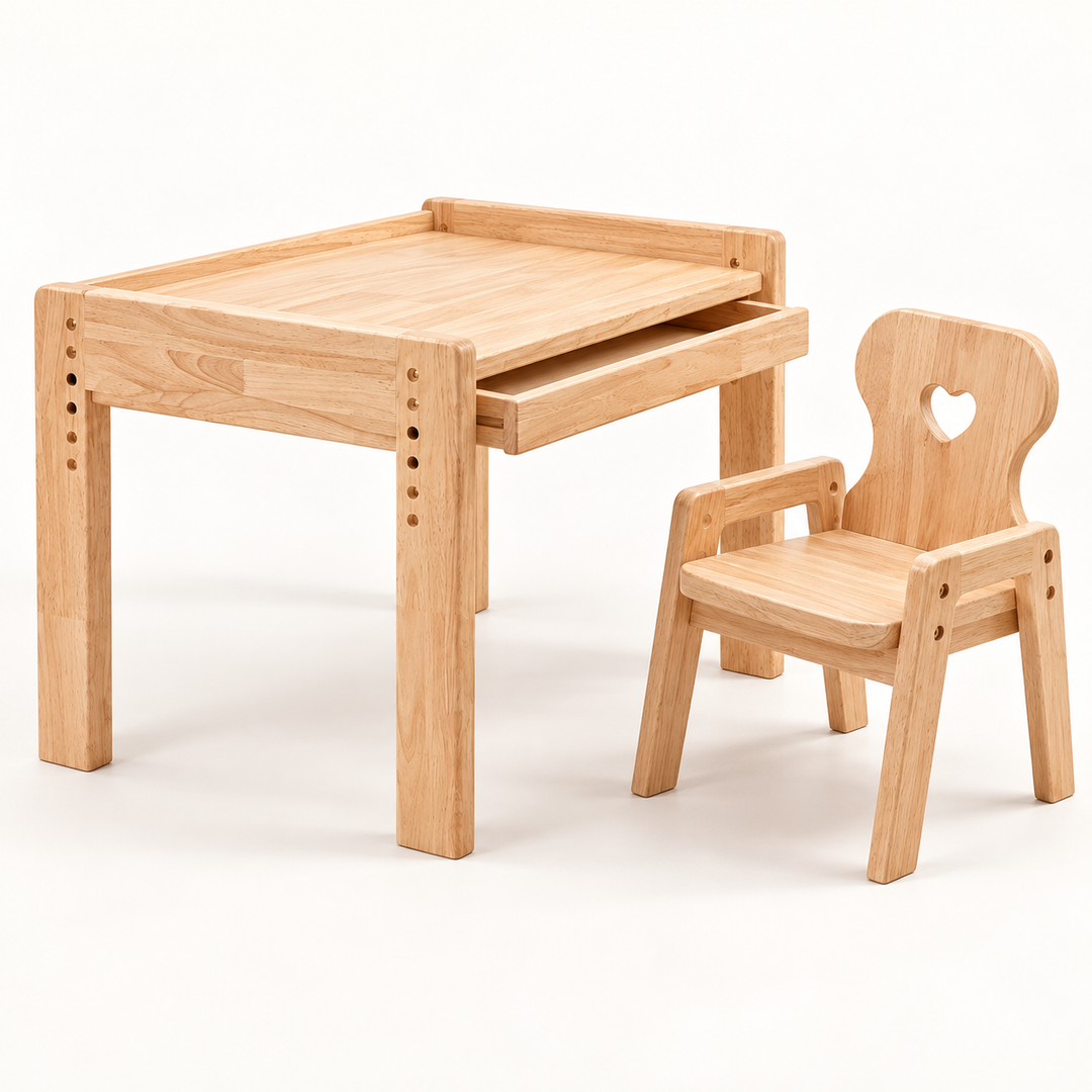 July Forest adjustable solid wood kids table with storage drawer and Heart chair on a white background.