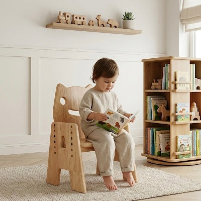 Adjustable wooden kids chair with cat backrest for reading and home learning