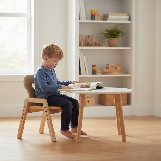 July Forest adjustable solid wood kids chair with sweet heart-shaped cutout. Natural rubberwood Montessori seating, perfect for girls' nursery or playroom decor.