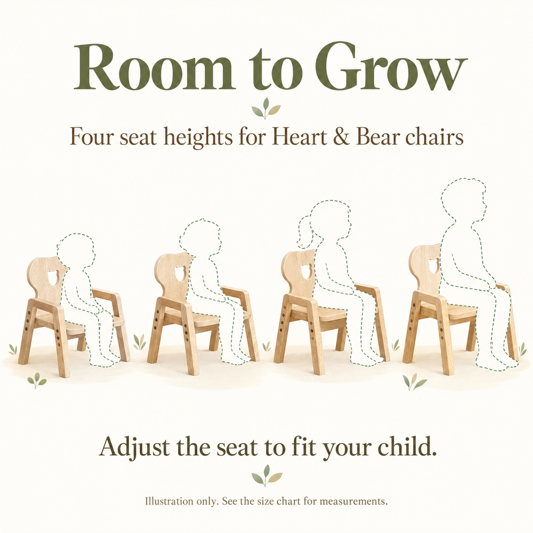 Illustration of growing children in dashed outlines seated on Bear chairs, showing the concept of adjustable seating.