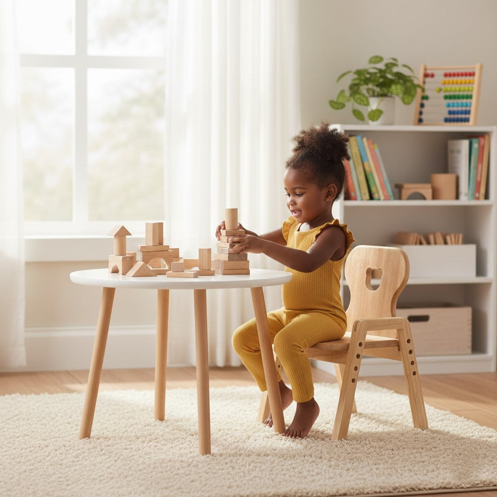 July Forest solid wood kids chair with cute bear ears backrest. Adjustable height grow-with-me chair for woodland themed nursery.