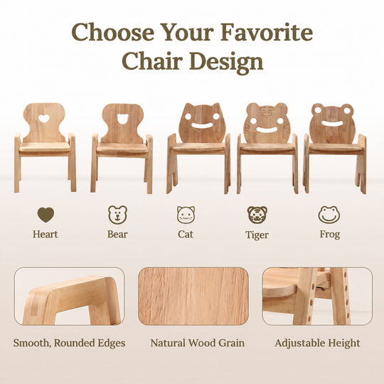 Five solid wood kids chair designs: Heart, Bear, Cat, Tiger, and Frog, with rounded edges and adjustable seats.