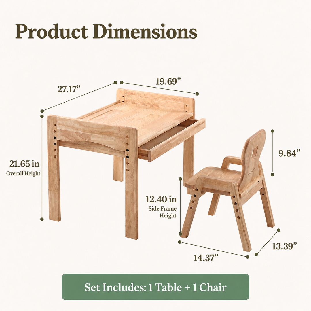 Table dimensions of 27.17 by 19.69 inches with 21.65-inch overall height, plus Heart and Bear chair dimensions.
