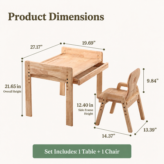Table dimensions of 27.17 by 19.69 inches with 21.65-inch overall height, plus Heart and Bear chair dimensions.