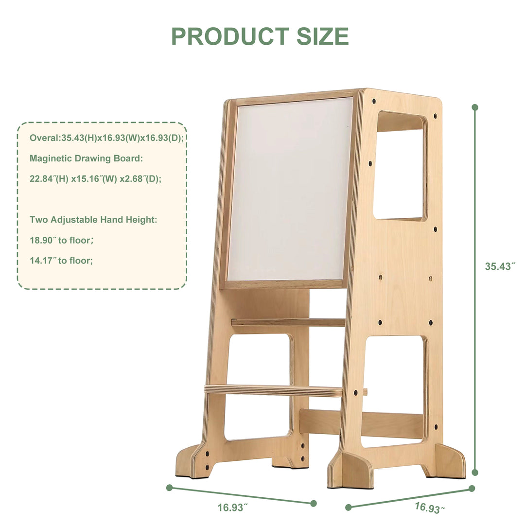 July Forest Montessori kitchen helper tower for toddlers with built-in chalkboard art easel. Solid wood adjustable step stool for kitchen counter safety.