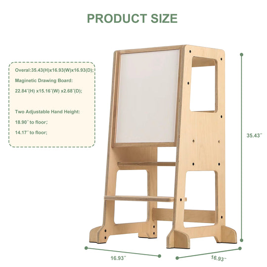 July Forest Montessori kitchen helper tower for toddlers with built-in chalkboard art easel. Solid wood adjustable step stool for kitchen counter safety.