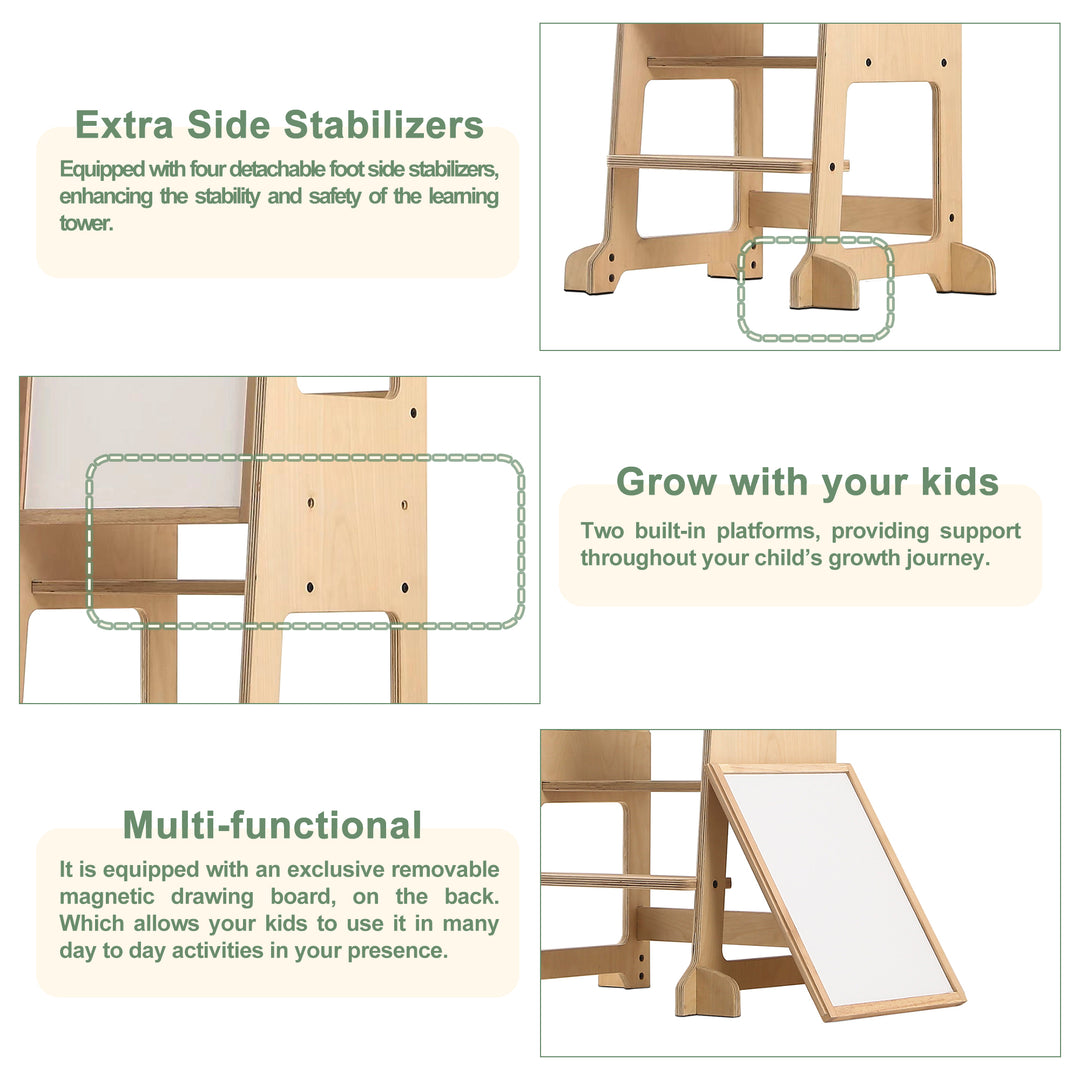 July Forest Montessori Kitchen Step Stool tower for toddlers with built-in chalkboard art easel. Solid wood adjustable step stool for kitchen counter safety.July Forest solid wood toddler standing tower for kitchen activities.