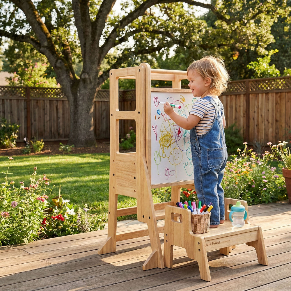 July Forest 3-in-1 solid rubberwood Montessori learning tower set with magnetic whiteboard and mini step stool. Adjustable kitchen helper for toddlers.