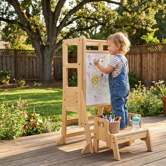 July Forest 3-in-1 solid rubberwood Montessori learning tower set with magnetic whiteboard and mini step stool. Adjustable kitchen helper for toddlers.
