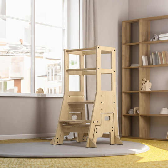 Size chart for July Forest Montessori learning tower and matching step stool set. Detailed dimensions showing 3 adjustable heights and stool size.