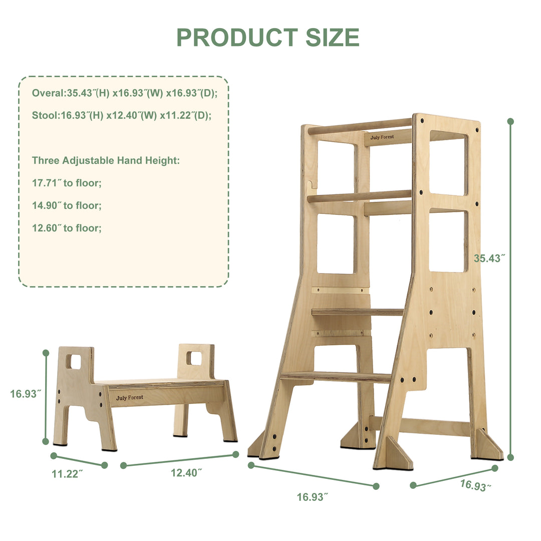 Size chart for July Forest Montessori learning tower and matching step stool set. Detailed dimensions showing 3 adjustable heights and stool size.