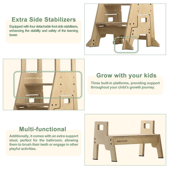 Size chart for July Forest Montessori learning tower and matching step stool set. Detailed dimensions showing 3 adjustable heights and stool size.