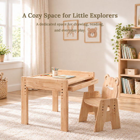 July Forest adjustable wood kids table with an open storage drawer and Frog chair in a light-filled playroom.