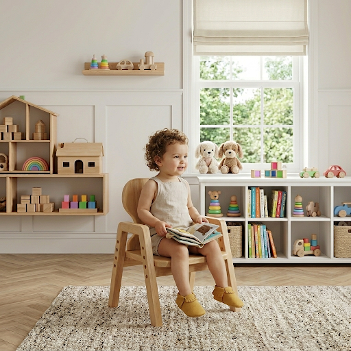 Wooden toddler chair with bear backrest for reading, crafts, snacks, and everyday activities