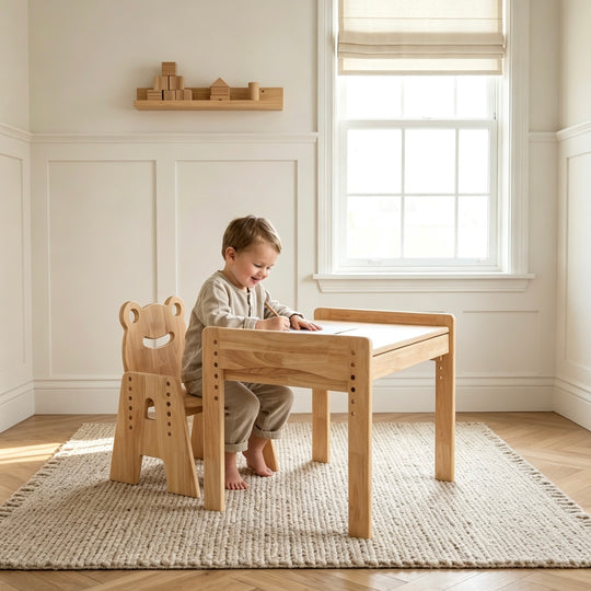 Wooden kids table and chair set for reading, drawing, crafts, snacks, and home learning