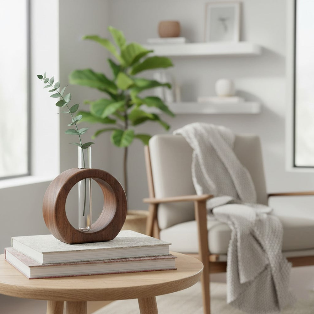 July Forest wooden ring test tube vase with plant, modern living room desk decor.
