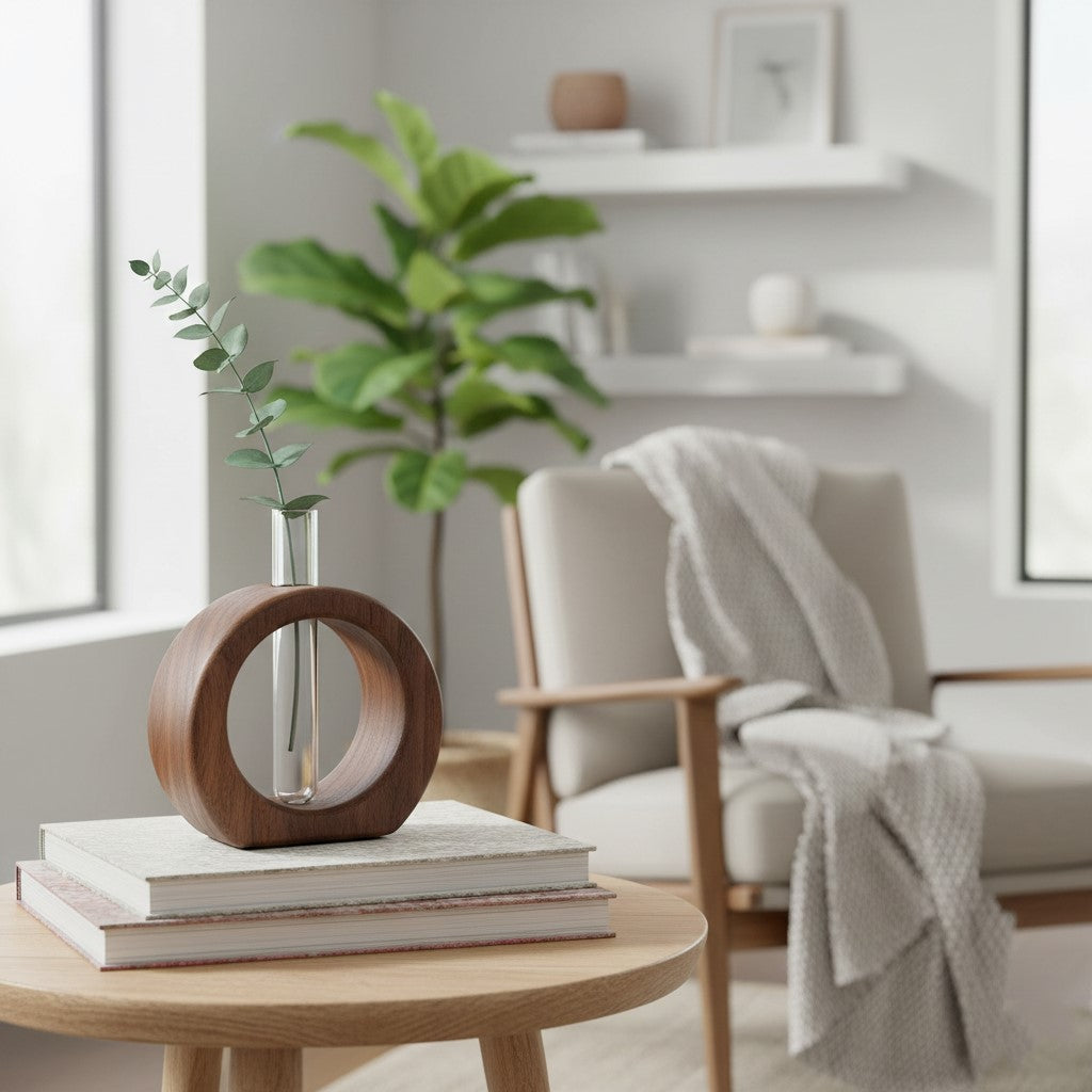 July Forest wooden ring test tube vase with plant, modern living room desk decor.