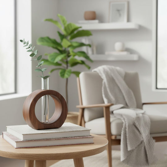 July Forest wooden ring test tube vase with plant, modern living room desk decor.
