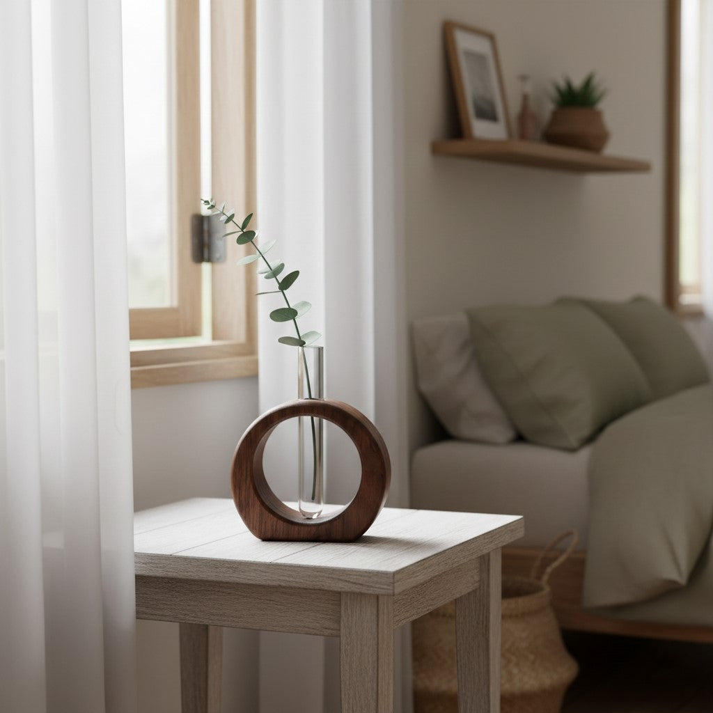 July Forest wooden ring test tube vase with plant, modern living room desk decor.