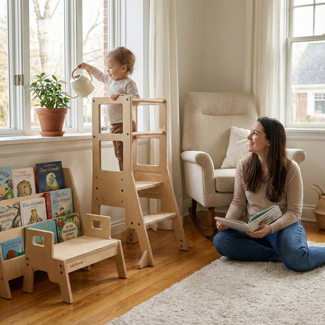 Size chart for July Forest Montessori learning tower and matching step stool set. Detailed dimensions showing 3 adjustable heights and stool size.