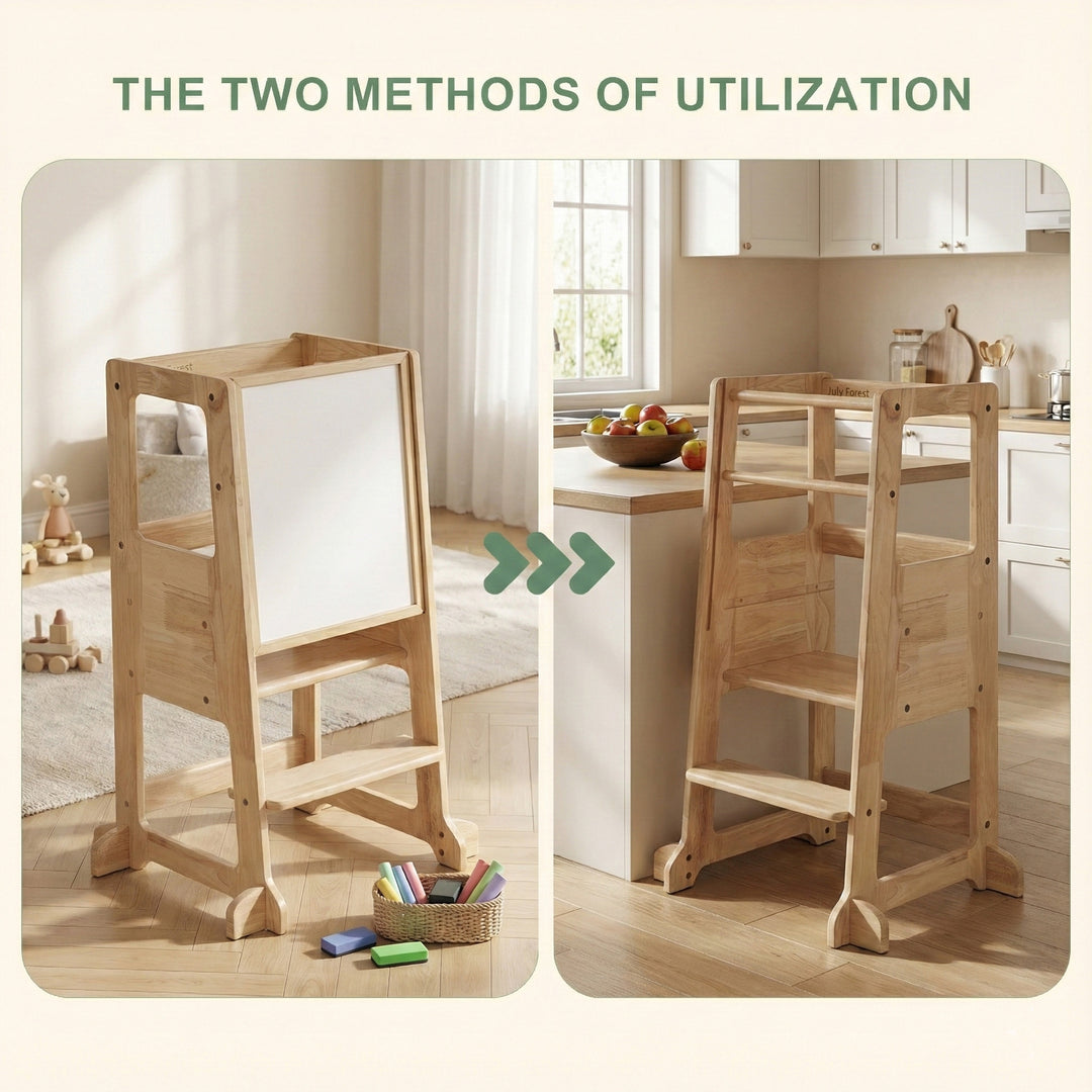 July Forest Montessori kitchen helper tower for toddlers with built-in chalkboard art easel. Solid wood adjustable step stool for kitchen counter safety.