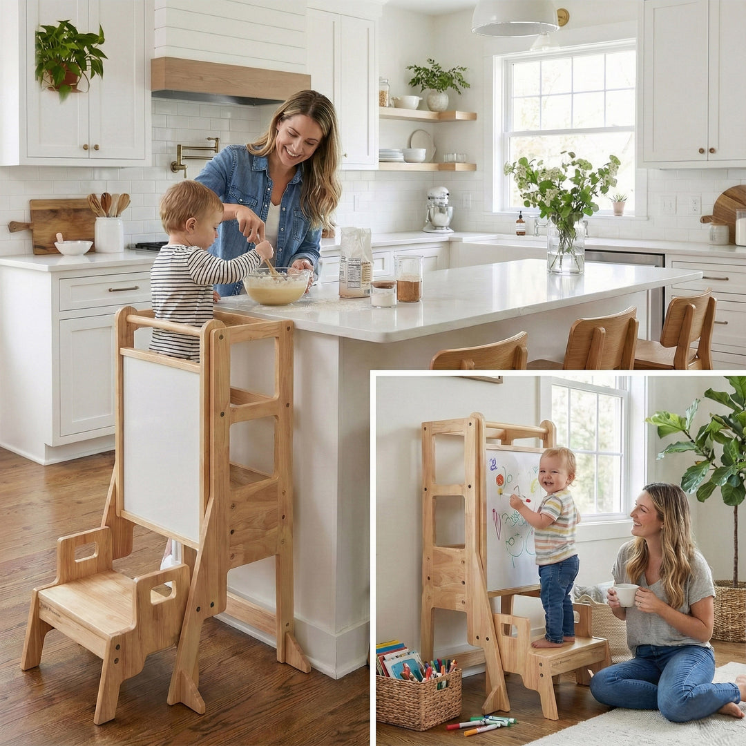 July Forest Montessori kitchen helper tower for toddlers with built-in chalkboard art easel. Solid wood adjustable step stool for kitchen counter safety.