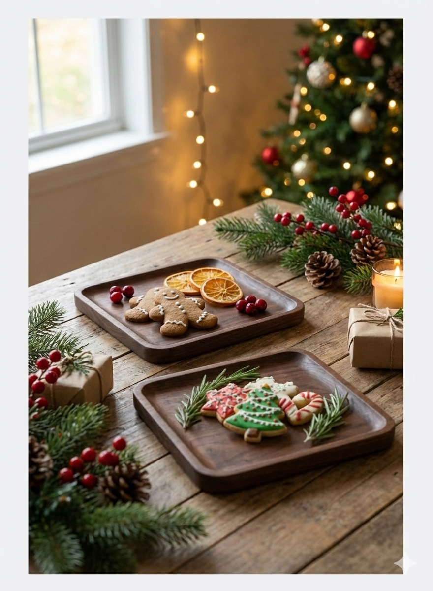 Two square dark walnut wooden serving trays on a rustic table, displaying gingerbread men and decorated holiday sugar cookies. The scene is decorated with pine branches, red berries, dried orange slices, and a lit candle, with a blurred Christmas tree and string lights in the background.