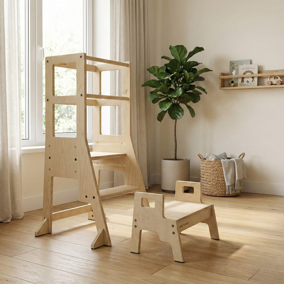 Size chart for July Forest Montessori learning tower and matching step stool set. Detailed dimensions showing 3 adjustable heights and stool size.