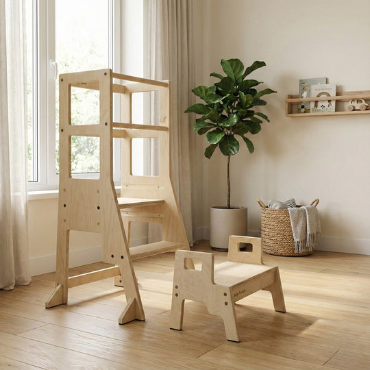 Size chart for July Forest Montessori learning tower and matching step stool set. Detailed dimensions showing 3 adjustable heights and stool size.