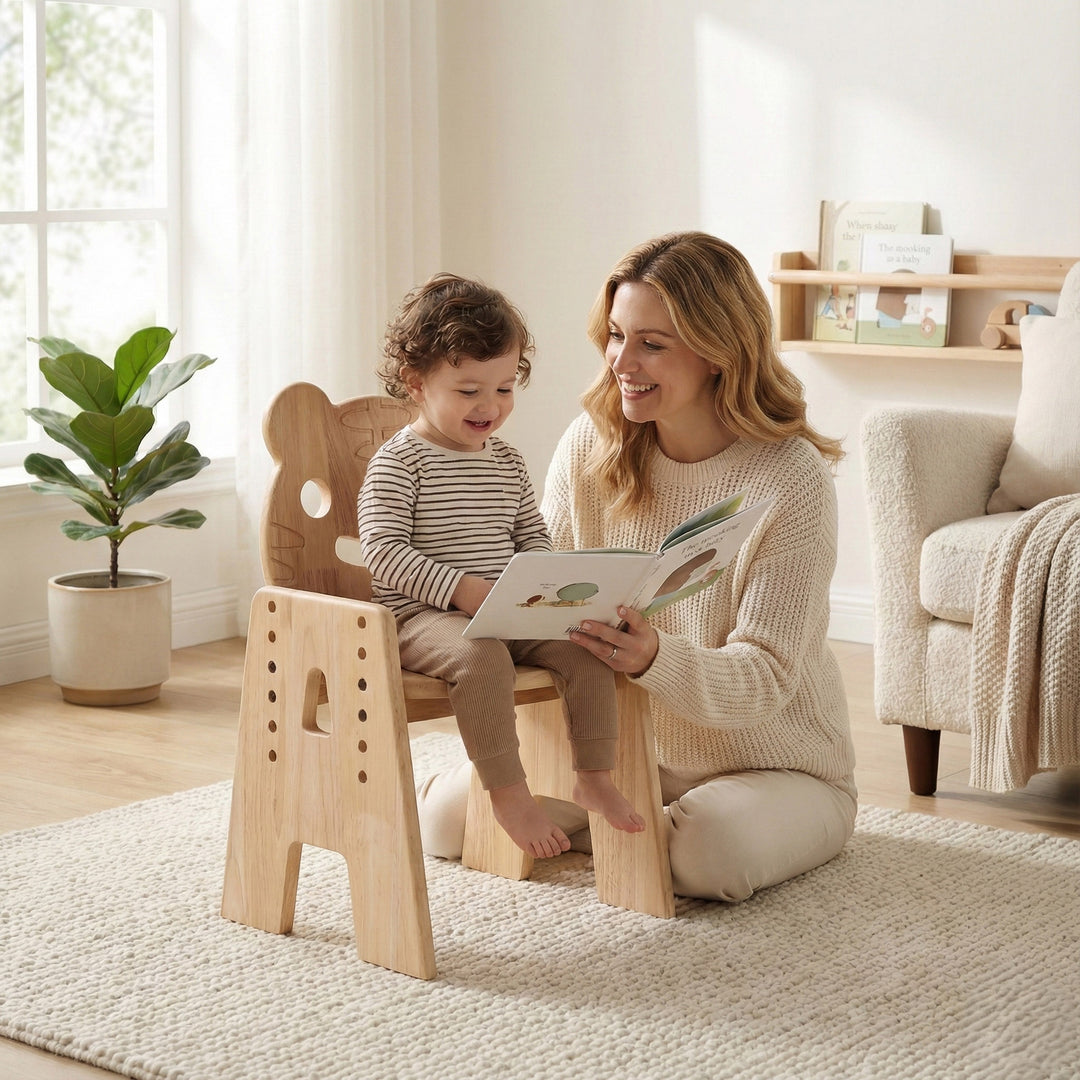 Unique tiger design wooden chair for kids playroom. Height adjustable furniture that grows with your child, safe rounded corners.