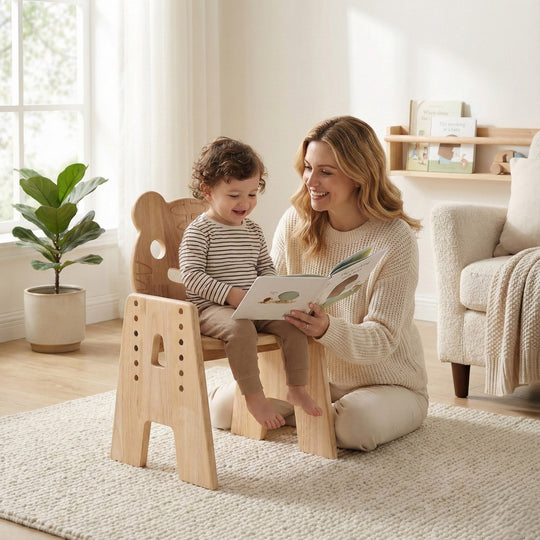 Unique tiger design wooden chair for kids playroom. Height adjustable furniture that grows with your child, safe rounded corners.