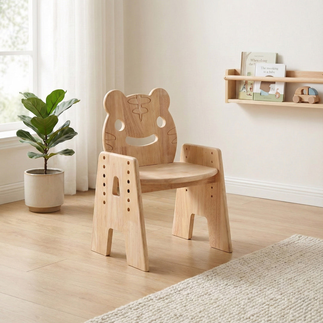 Unique tiger design wooden chair for kids playroom. Height adjustable furniture that grows with your child, safe rounded corners.