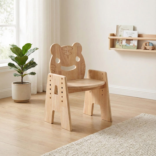 Unique tiger design wooden chair for kids playroom. Height adjustable furniture that grows with your child, safe rounded corners.