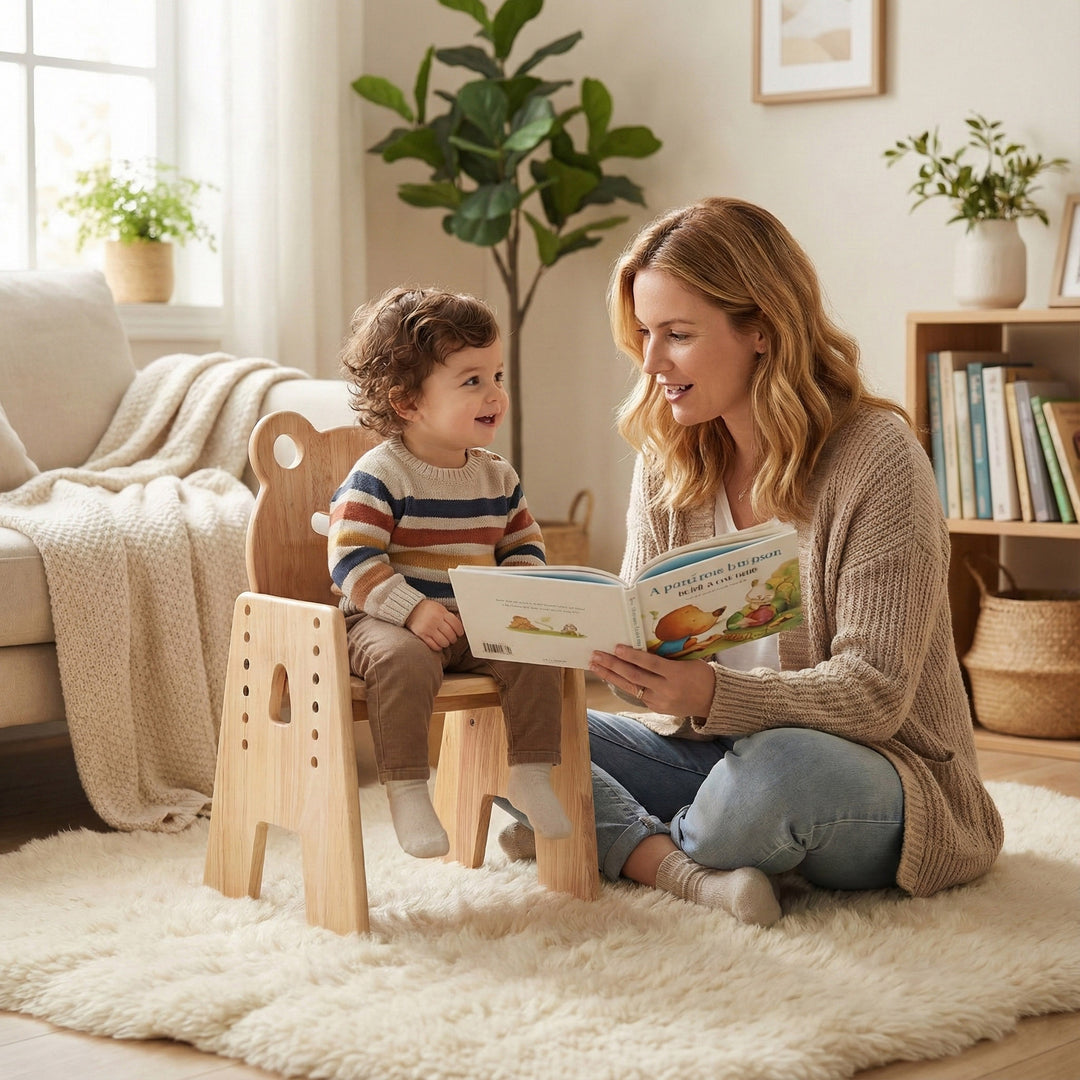  Sturdy wooden activity chair with frog character detail, perfect for kids study desk or craft table.