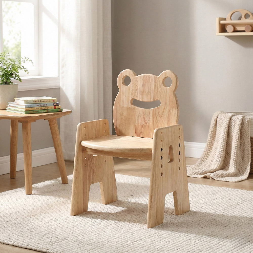  Sturdy wooden activity chair with frog character detail, perfect for kids study desk or craft table.