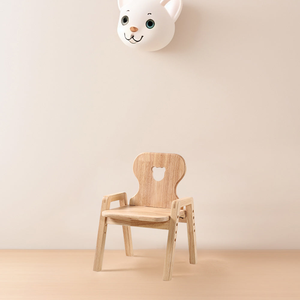 July Forest solid wood kids chair with cute bear ears backrest. Adjustable height grow-with-me chair for woodland themed nursery.